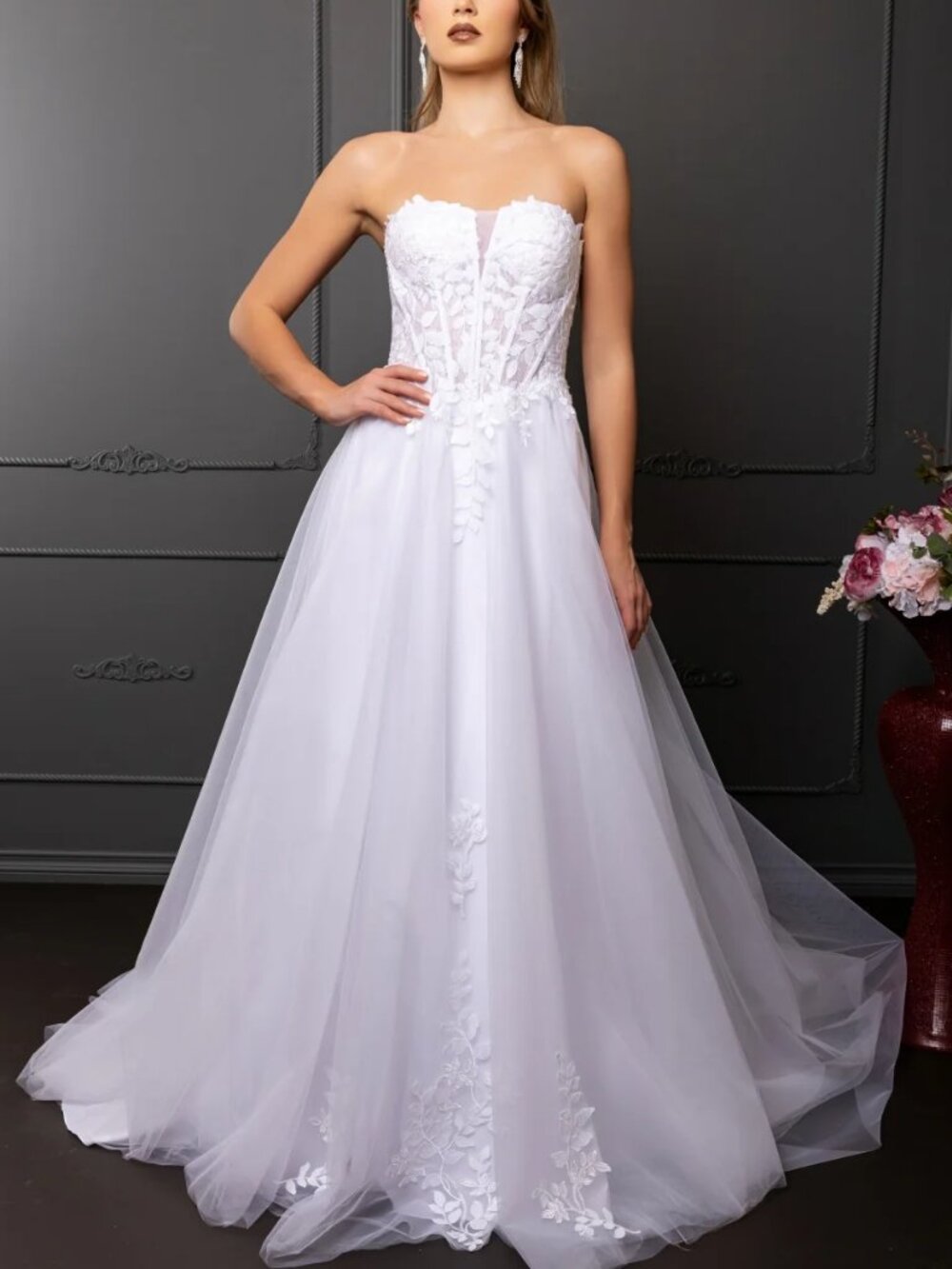 BRIDAL GOWN, OFF WHITE STRAPLESS FLORAL LACE BUTTONS WEDDING DRESS,DESTINATION